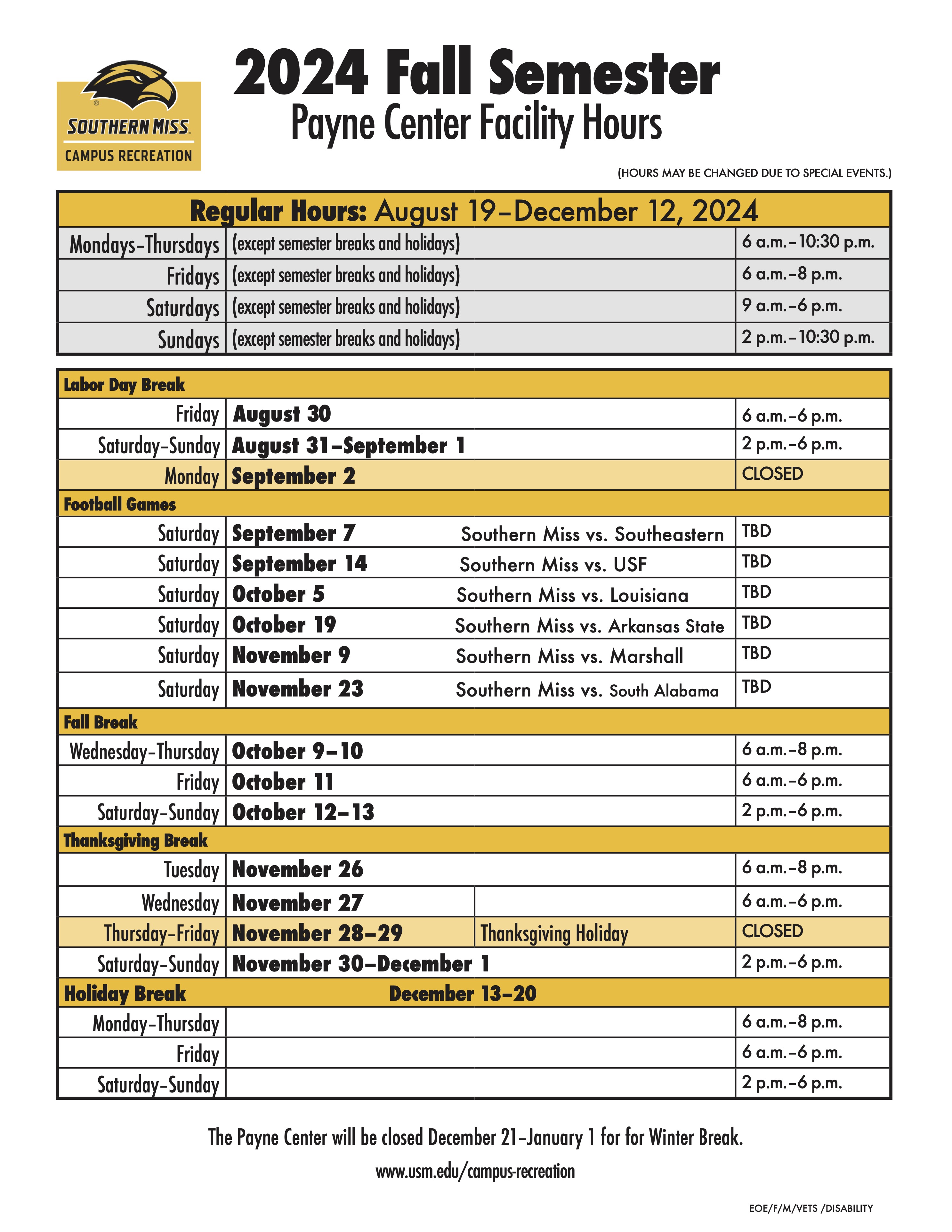 Payne Center Fall Hours