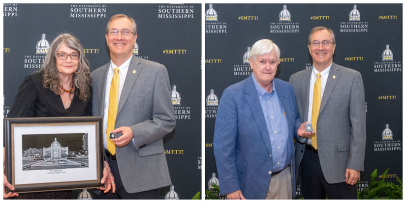 Left: USM English Professor Dr. Angela Ball is presented a portrait of the Aubrey K. Lucas Administration Building by USM College of Arts and Sciences Dean Dr. Chris Winstead, a gift signifying 40 or more years of service, along with induction into the university’s Centennial Legacy Circle. Right: USM Art Professor Jim Meade is presented his 50-year service pin by USM College of Arts and Sciences Dean Dr. Chris Winstead.